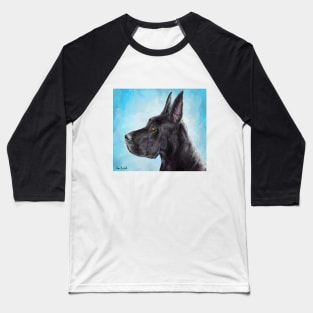 Painting of a Black Great Dane with Light Blue Background Baseball T-Shirt